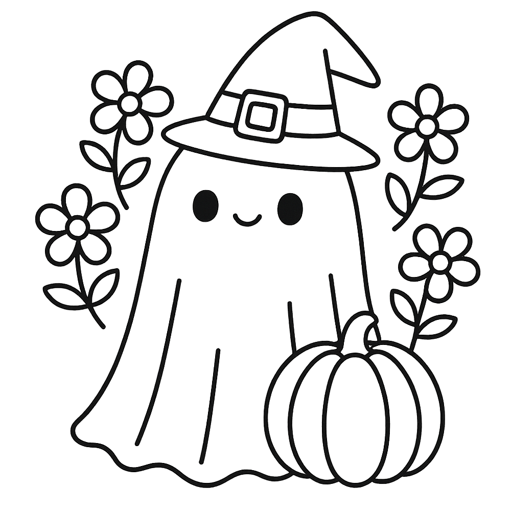 Cute Ghost Witch with Pumpkin Coloring Page coloring page