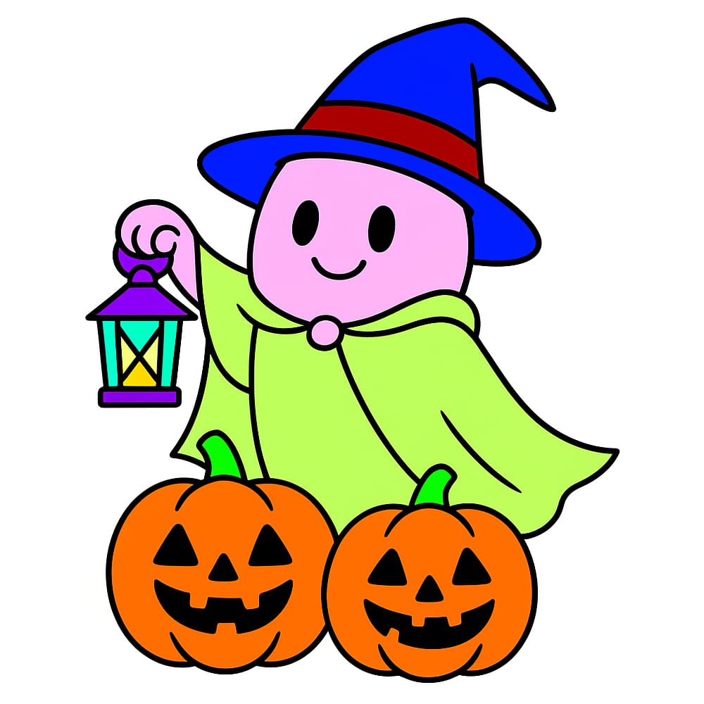 Cute Halloween Ghost & Pumpkins Coloring Page colored version