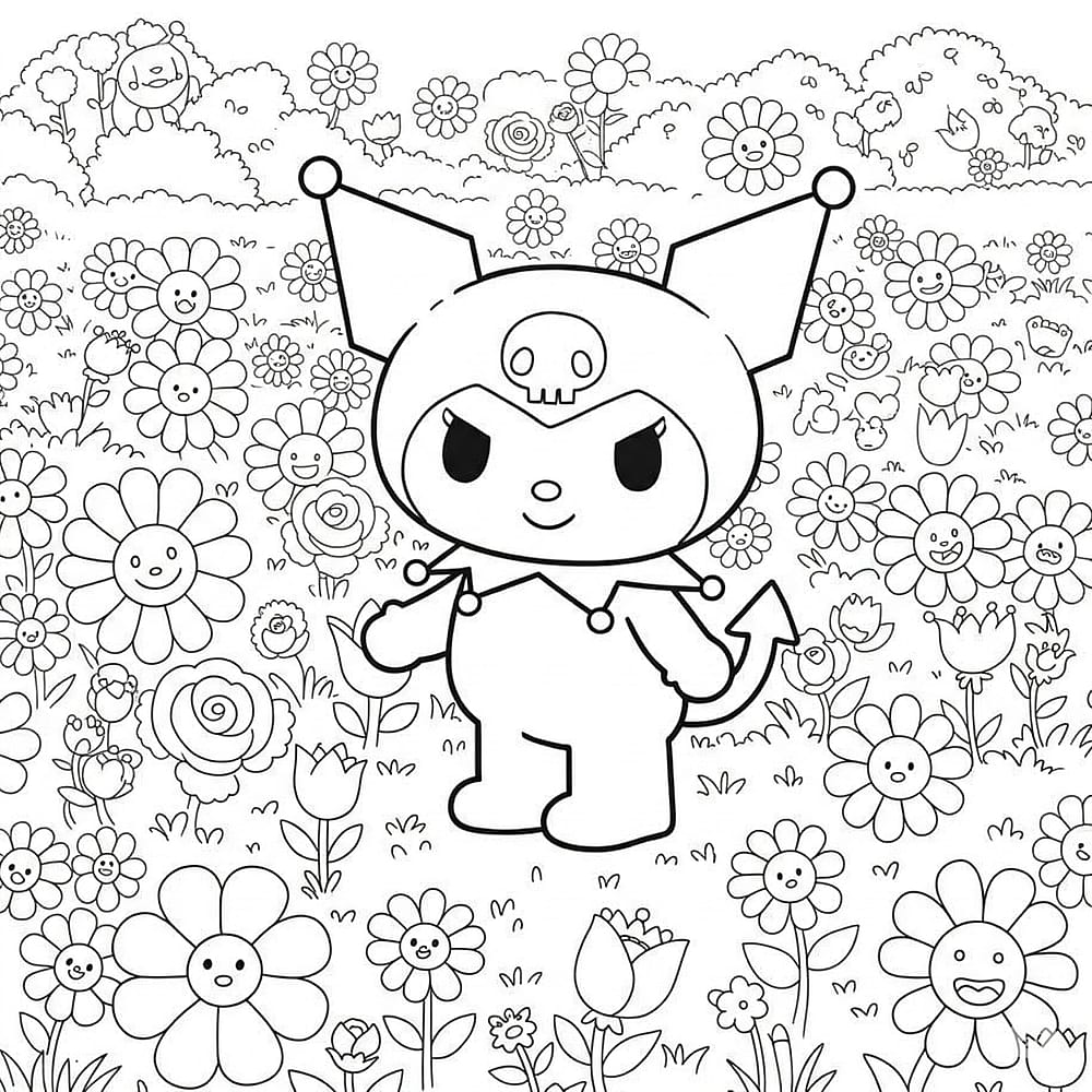 Cute Kuromi in a Flower Garden Coloring Page coloring page