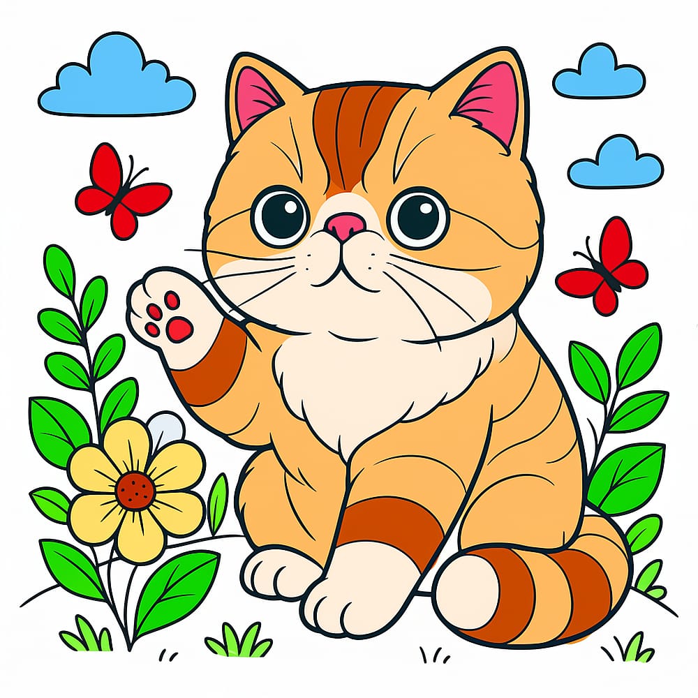 Cute Waving Kitten in Garden Coloring Page colored version