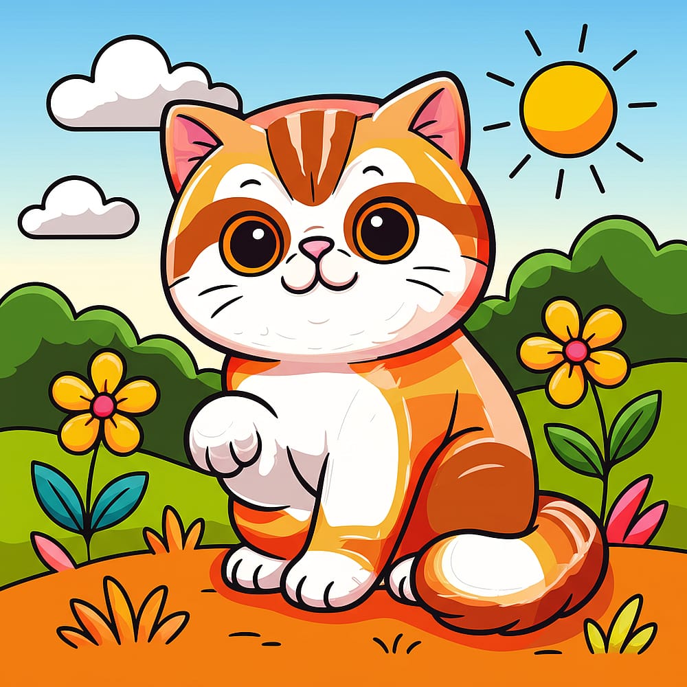 Cute Kitten in Sunny Meadow Coloring Page colored version