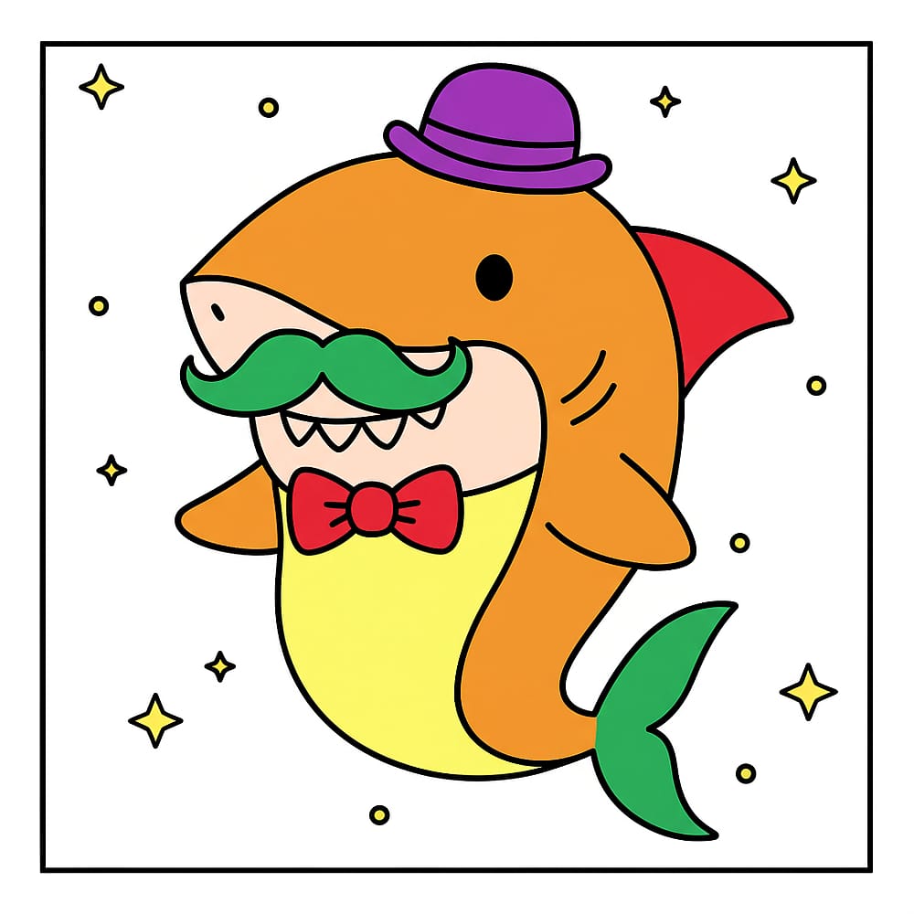 Dapper Shark with Hat and Mustache Coloring Page colored version
