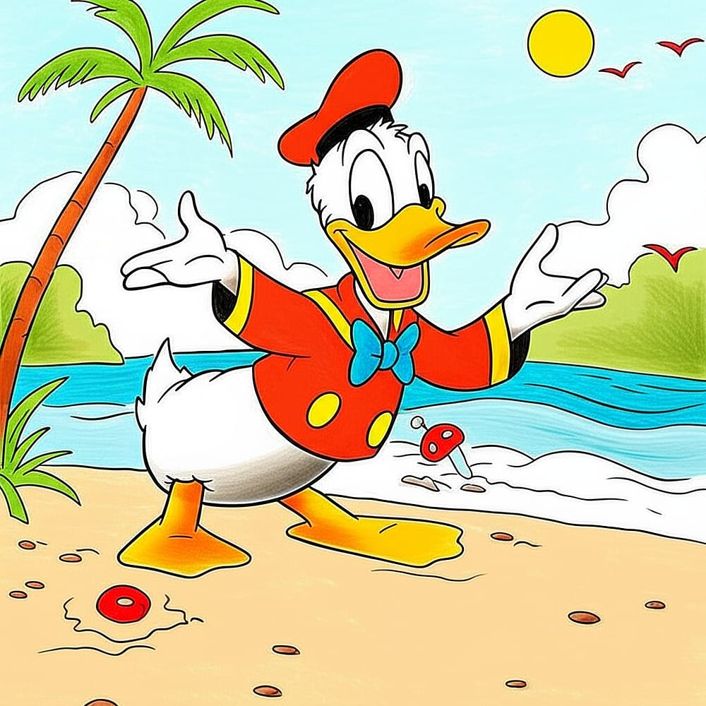 Donald Duck Tropical Beach Getaway Coloring Page colored version