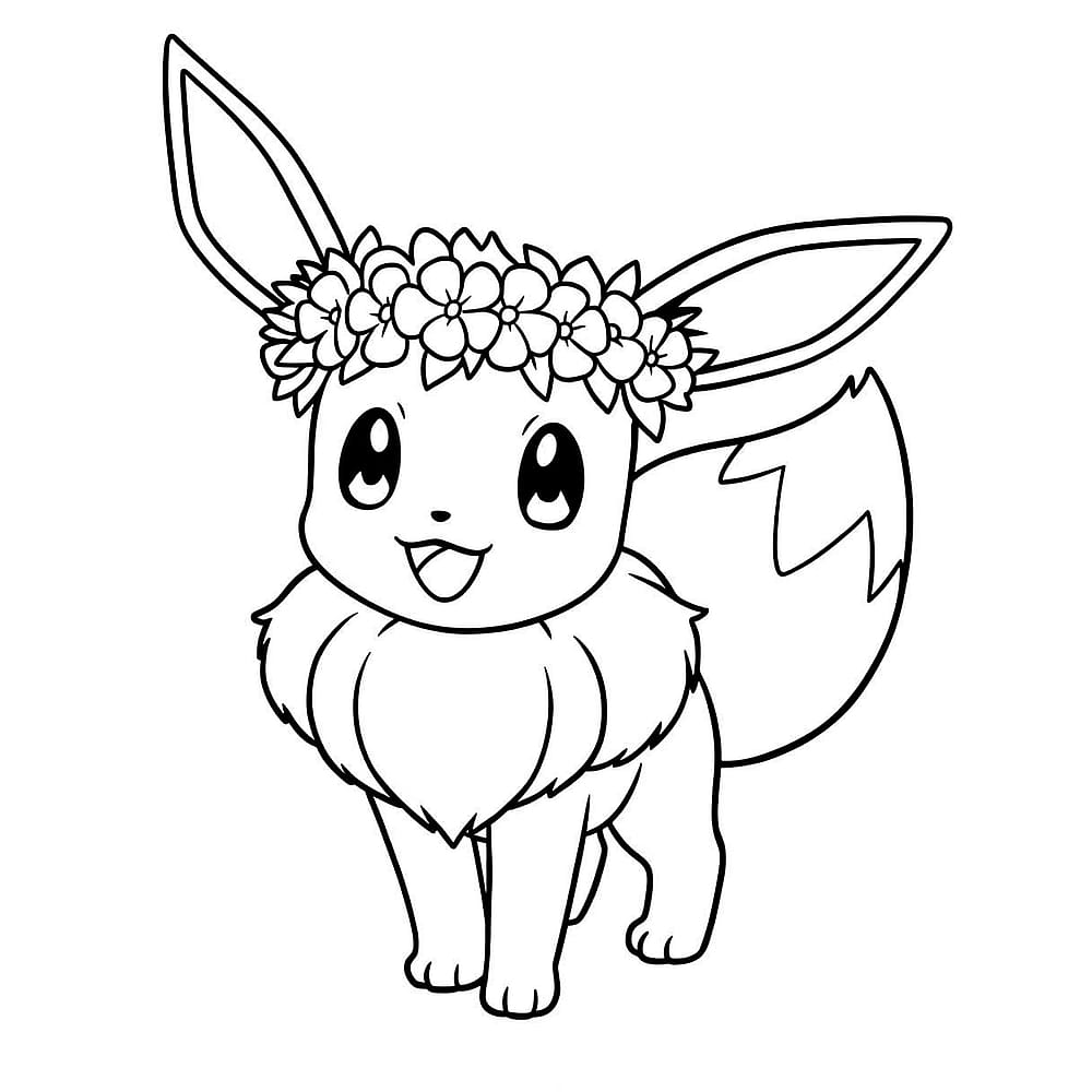 Cute Eevee with Flower Crown Coloring Page coloring page