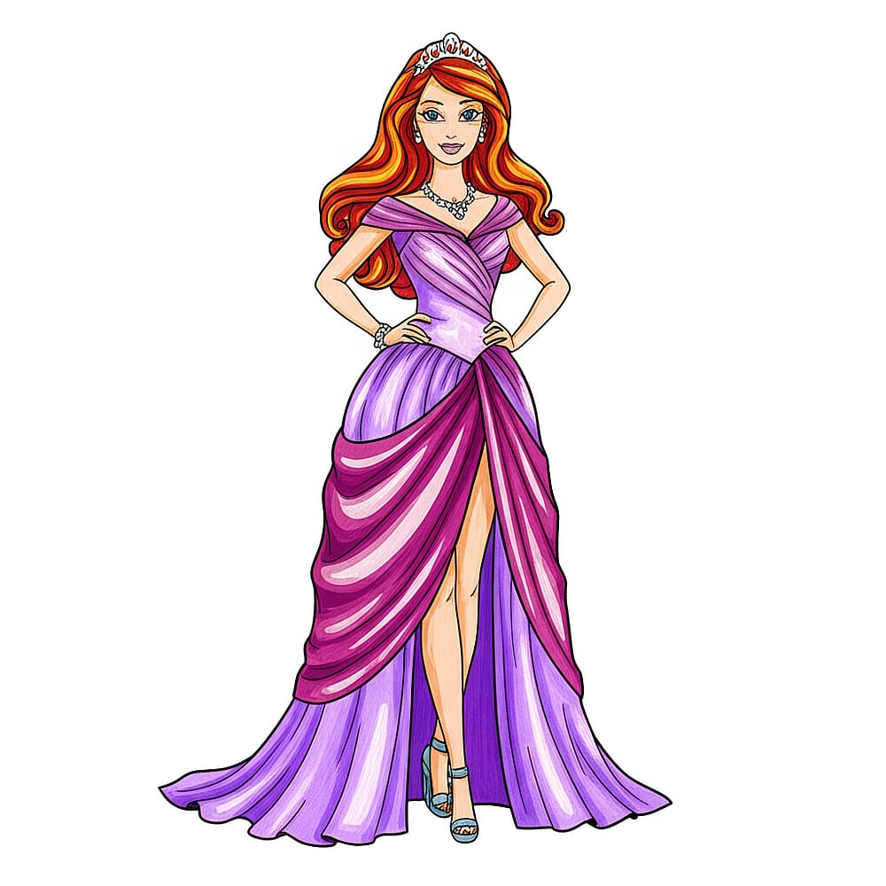 Elegant Barbie Princess Gown Coloring Page colored version