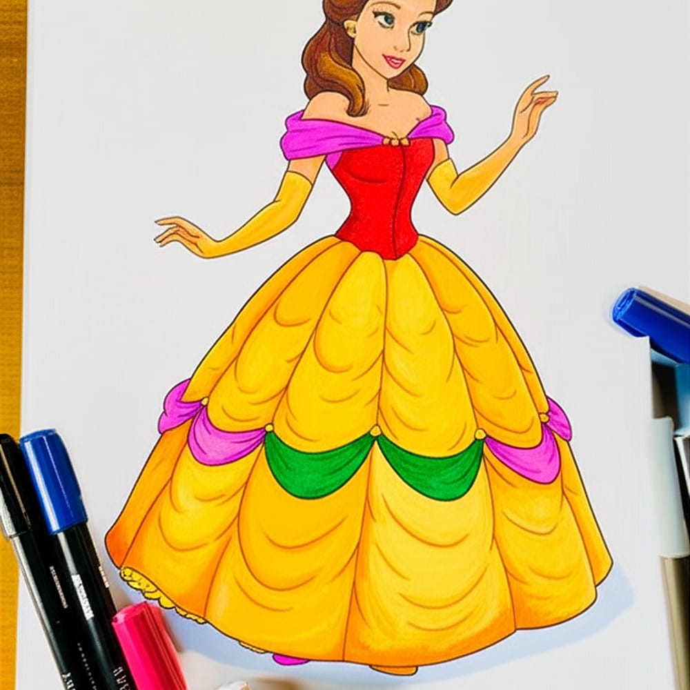 Elegant Princess Belle Coloring Page colored version