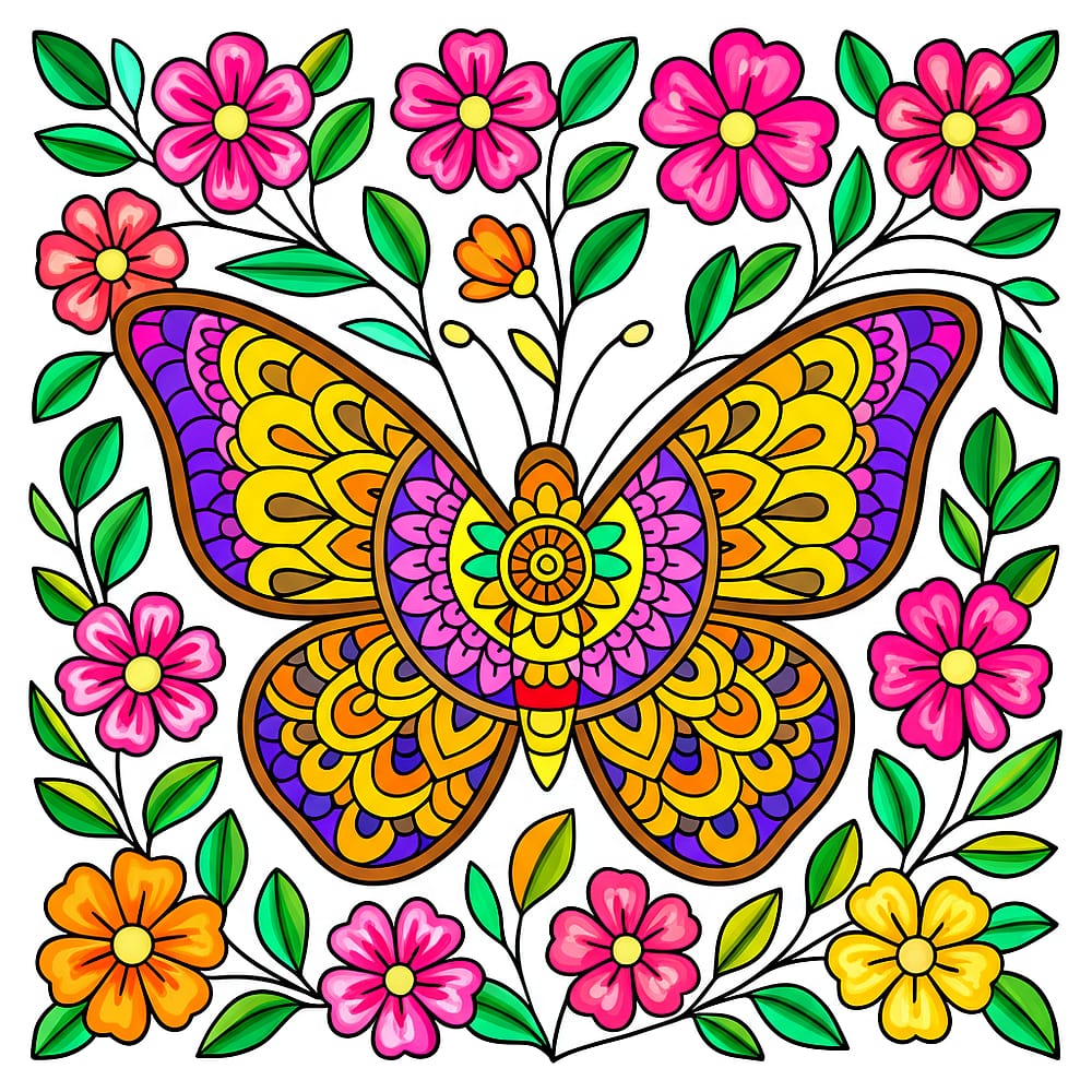 Enchanting Butterfly & Floral Mandala Coloring Page colored version