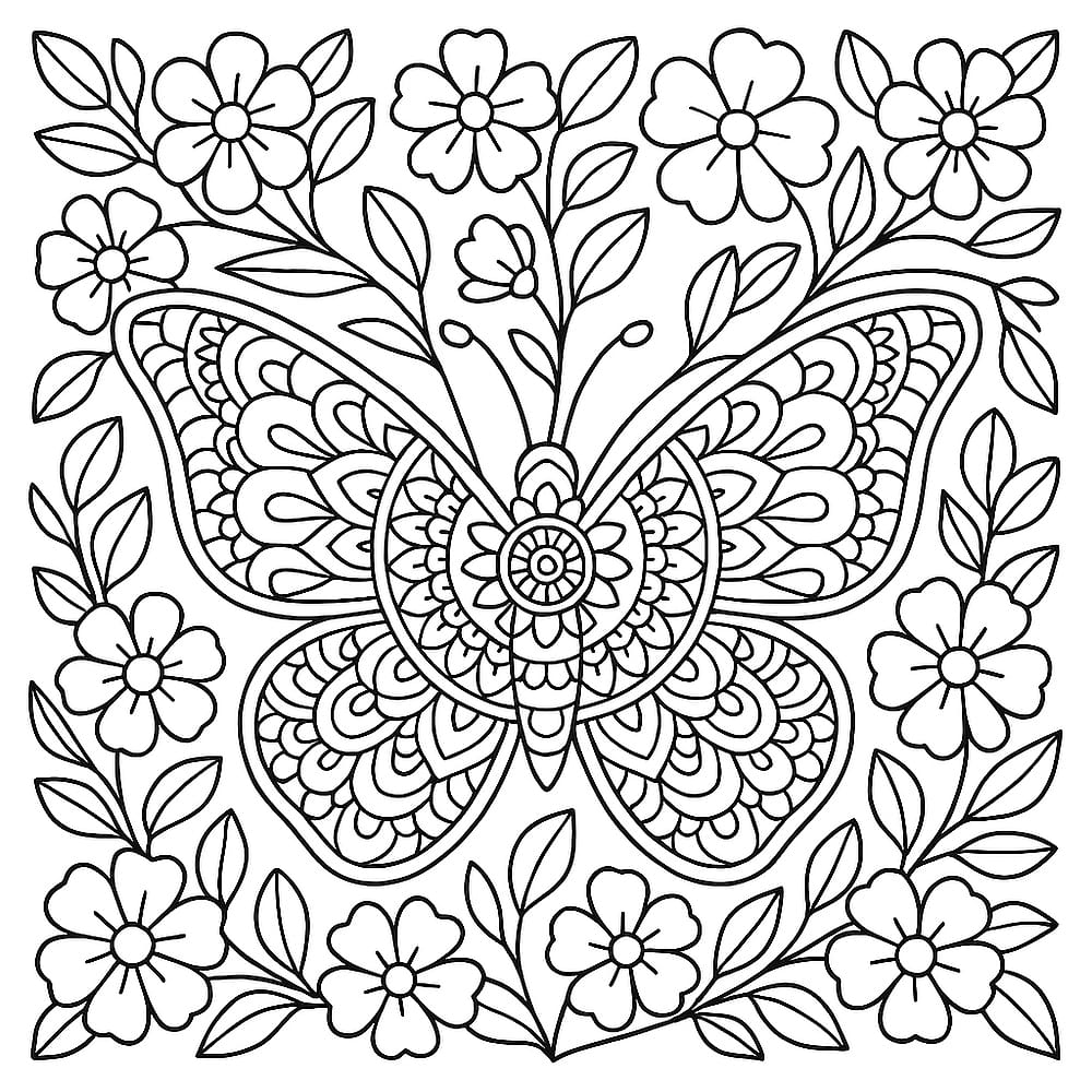 Enchanting Butterfly & Floral Mandala Coloring Page coloring page