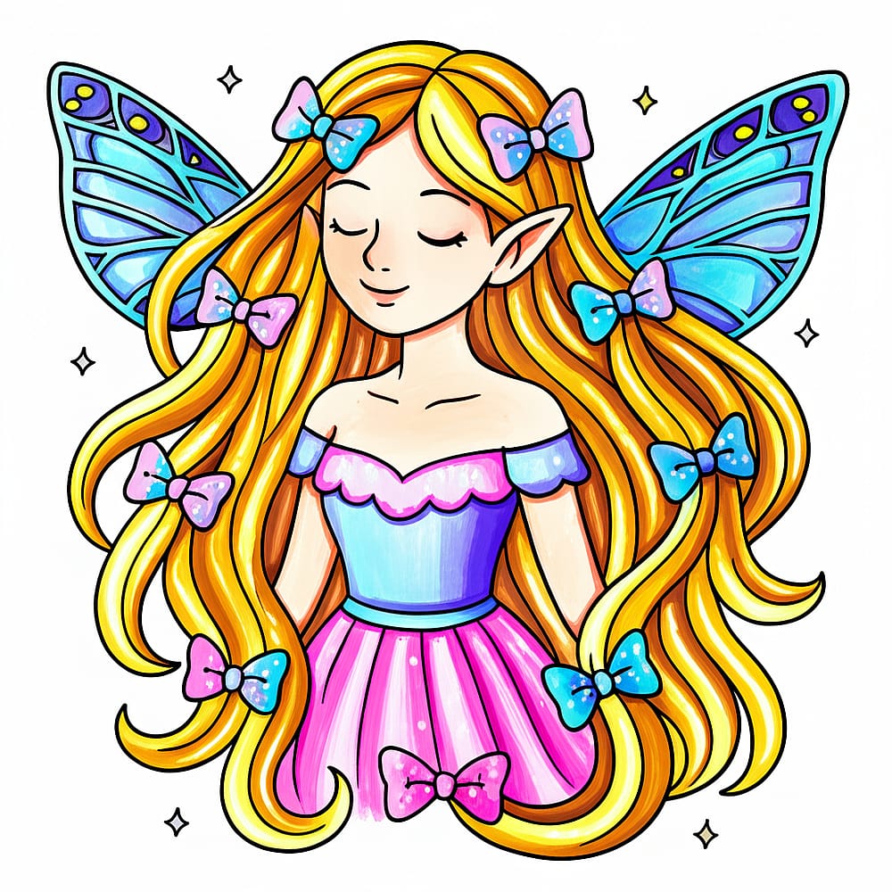 Enchanting Fairy with Bows Coloring Page colored version