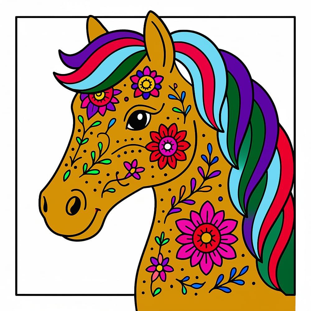 Enchanting Floral Horse Coloring Page colored version
