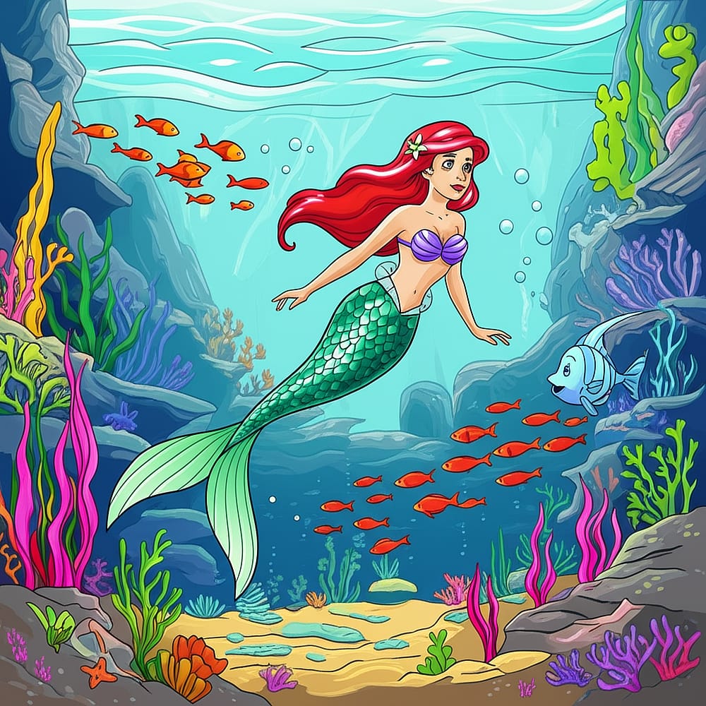 Enchanting Mermaid Princess Underwater Coloring Page colored version