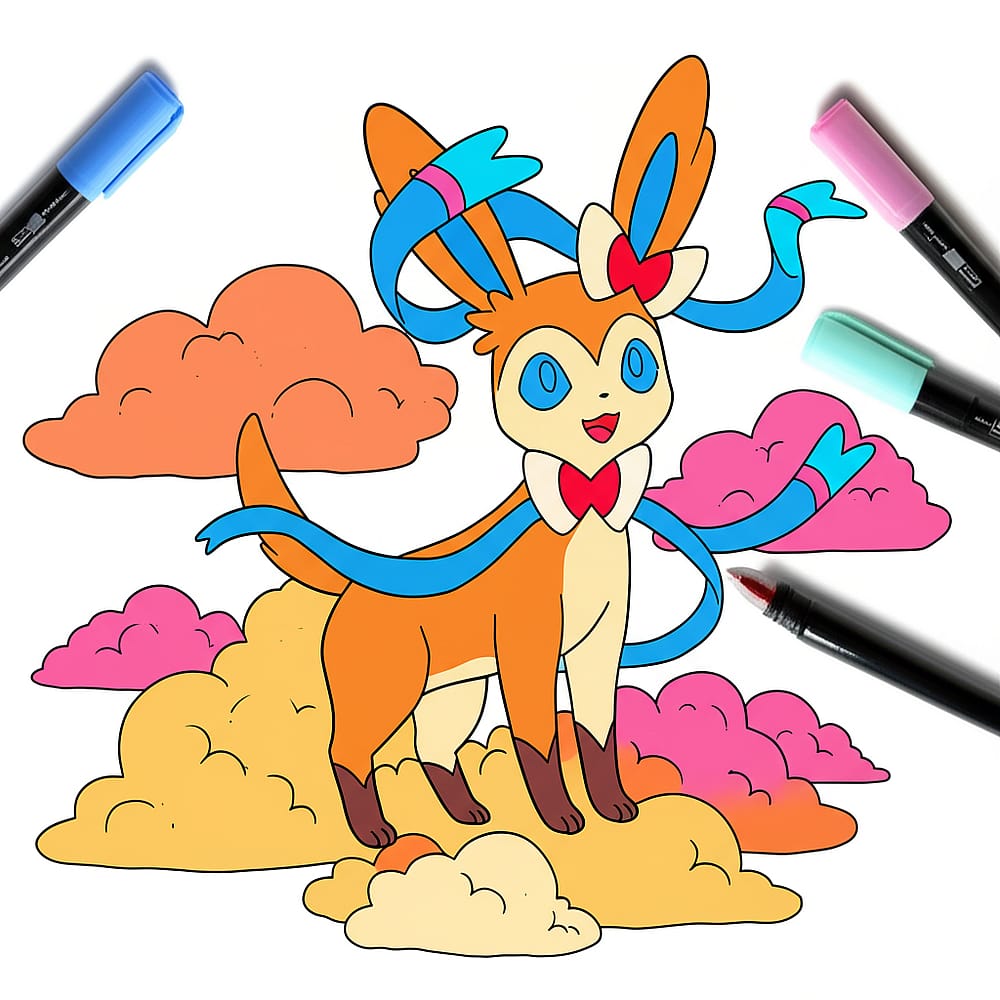 Enchanting Sylveon on Clouds Coloring Page colored version