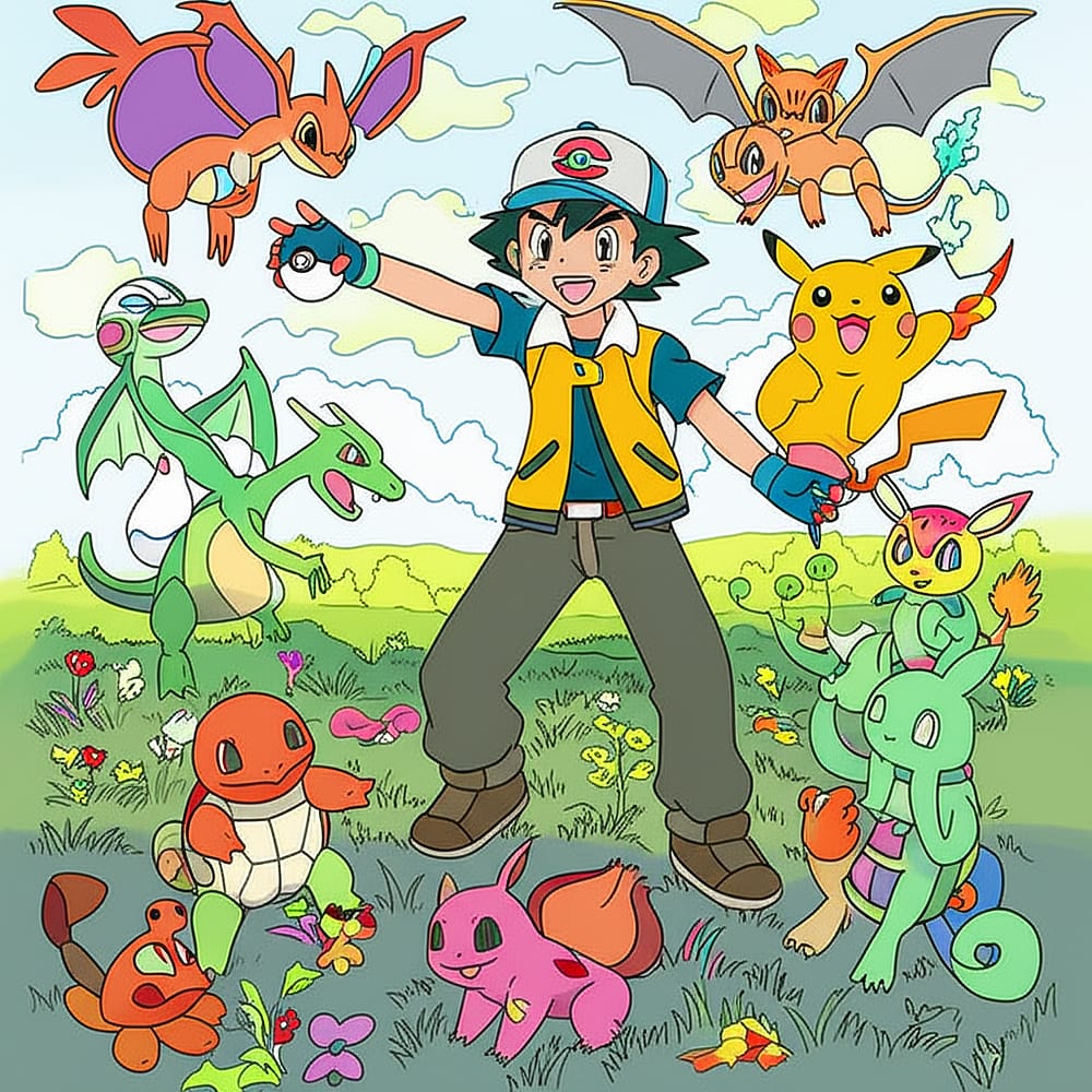 Epic Pokemon Adventure with Ash & Pikachu Coloring Page colored version