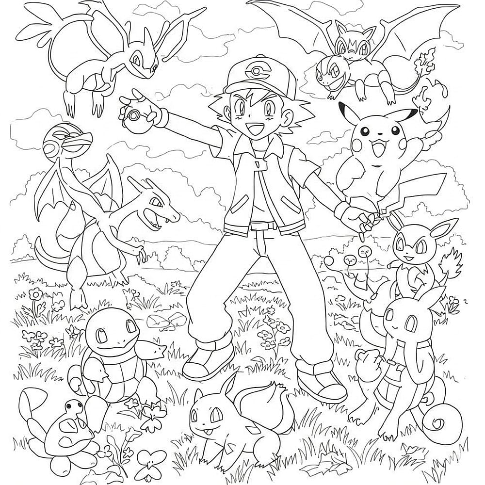 Epic Pokemon Adventure with Ash & Pikachu Coloring Page coloring page