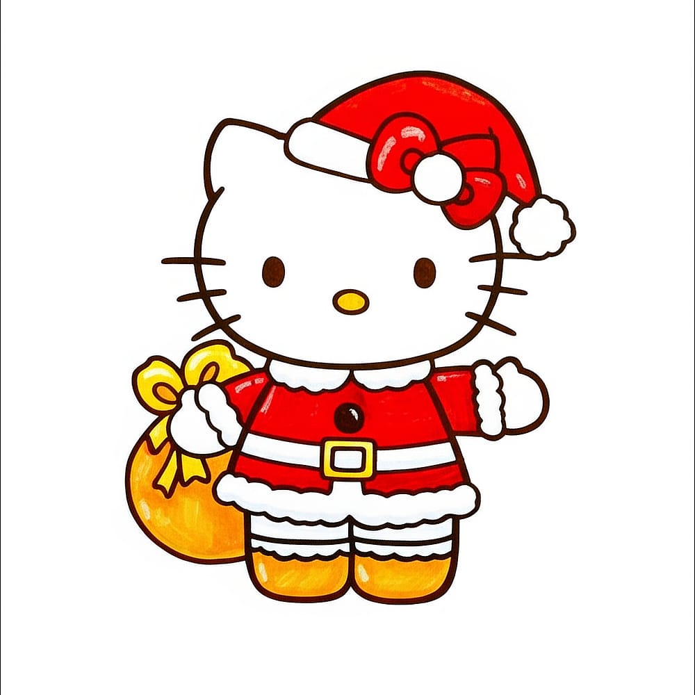 Festive Hello Kitty Santa Coloring Page colored version
