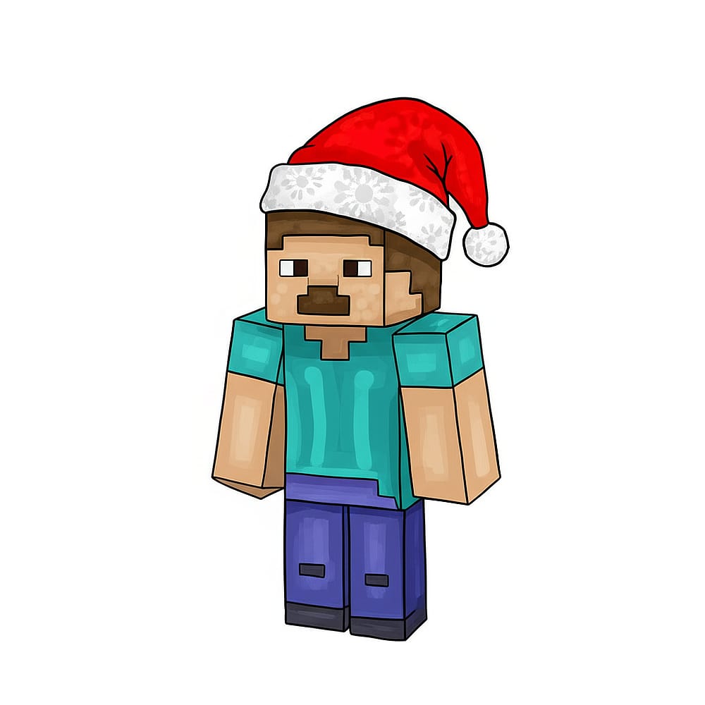 Festive Minecraft Steve Santa Hat Coloring Page colored version