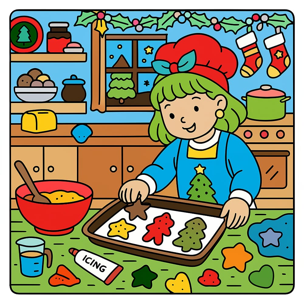 Festive Christmas Cookie Baking Coloring Page colored version