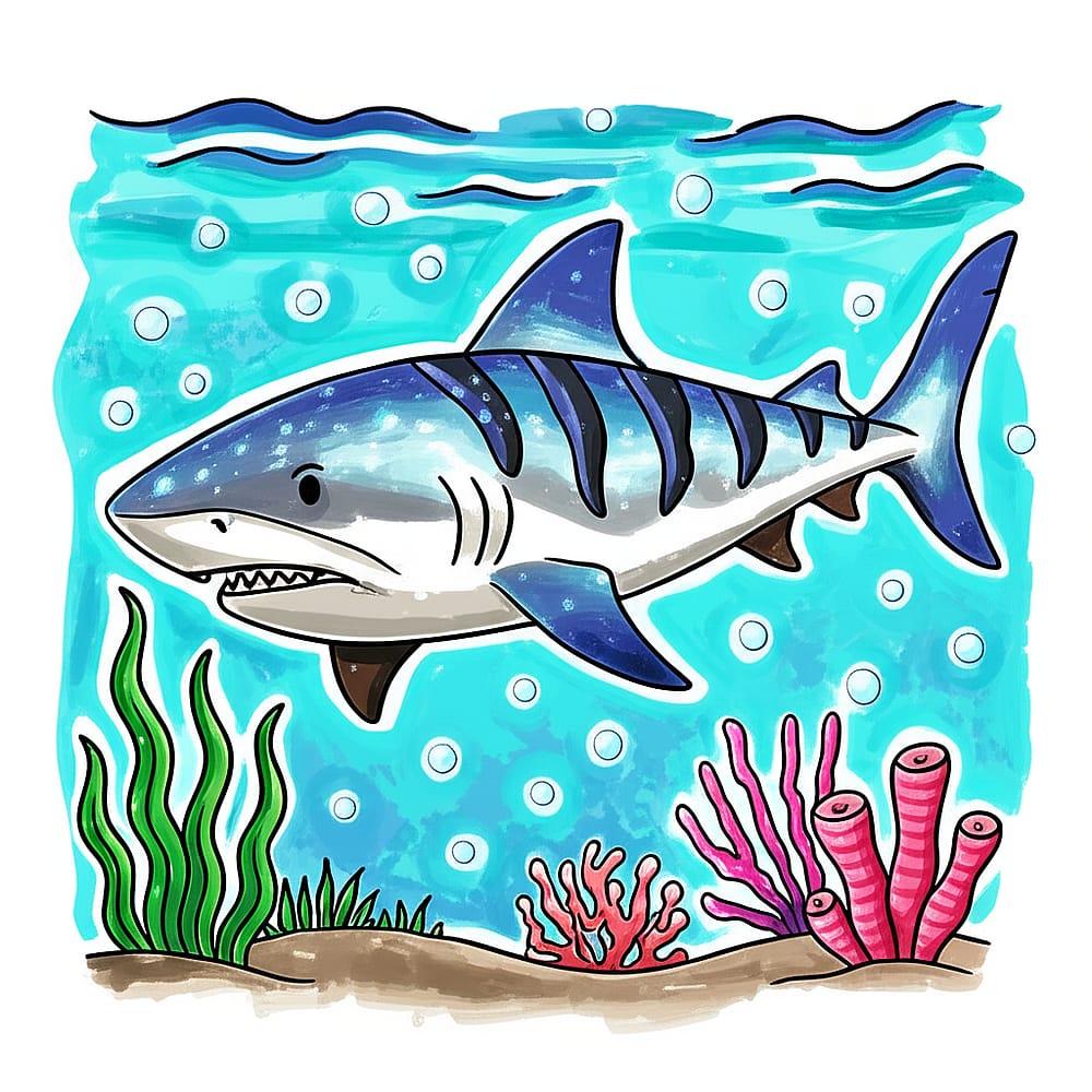 Fierce Tiger Shark Coloring Page colored version