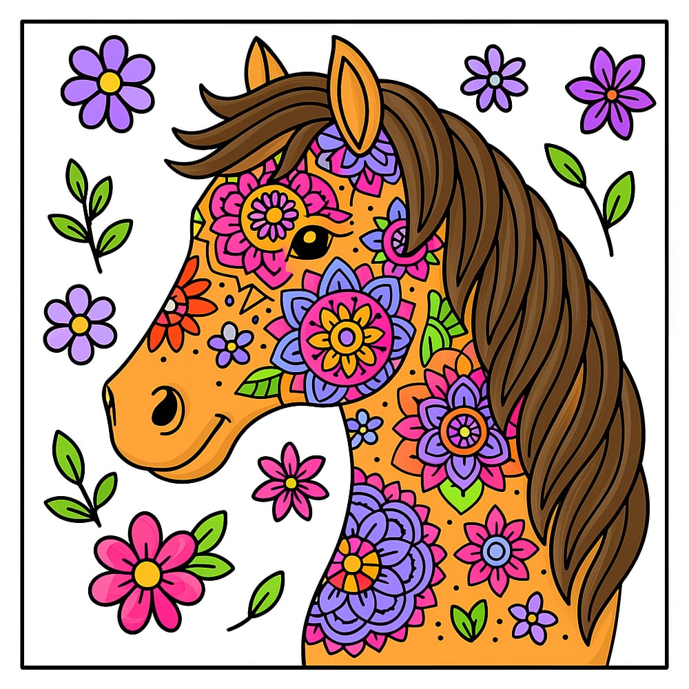 Enchanting Floral Horse Mandala Coloring Page colored version