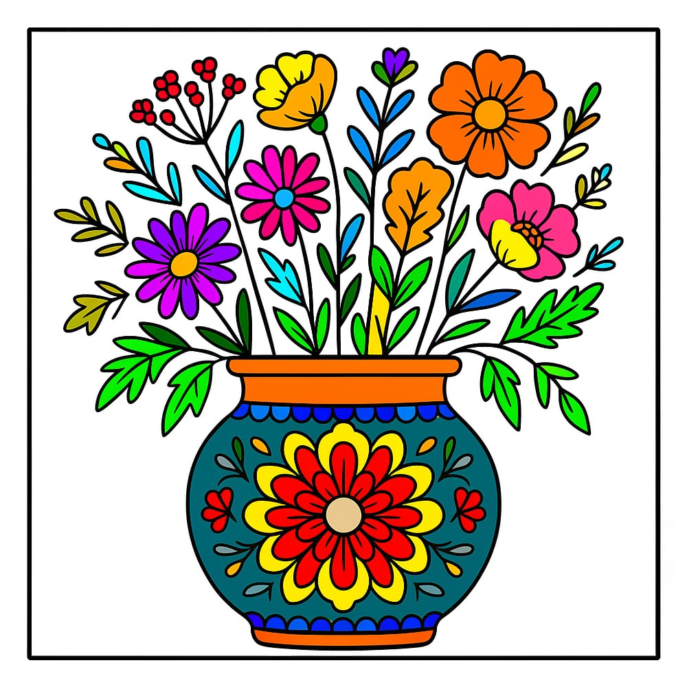Folk Art Flower Vase Coloring Page colored version