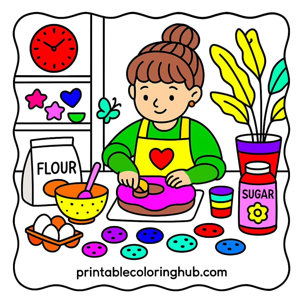 Sweet Treats Girl Baking Cookies Coloring Page colored version