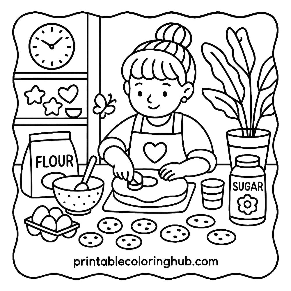 Sweet Treats Girl Baking Cookies Coloring Page coloring page