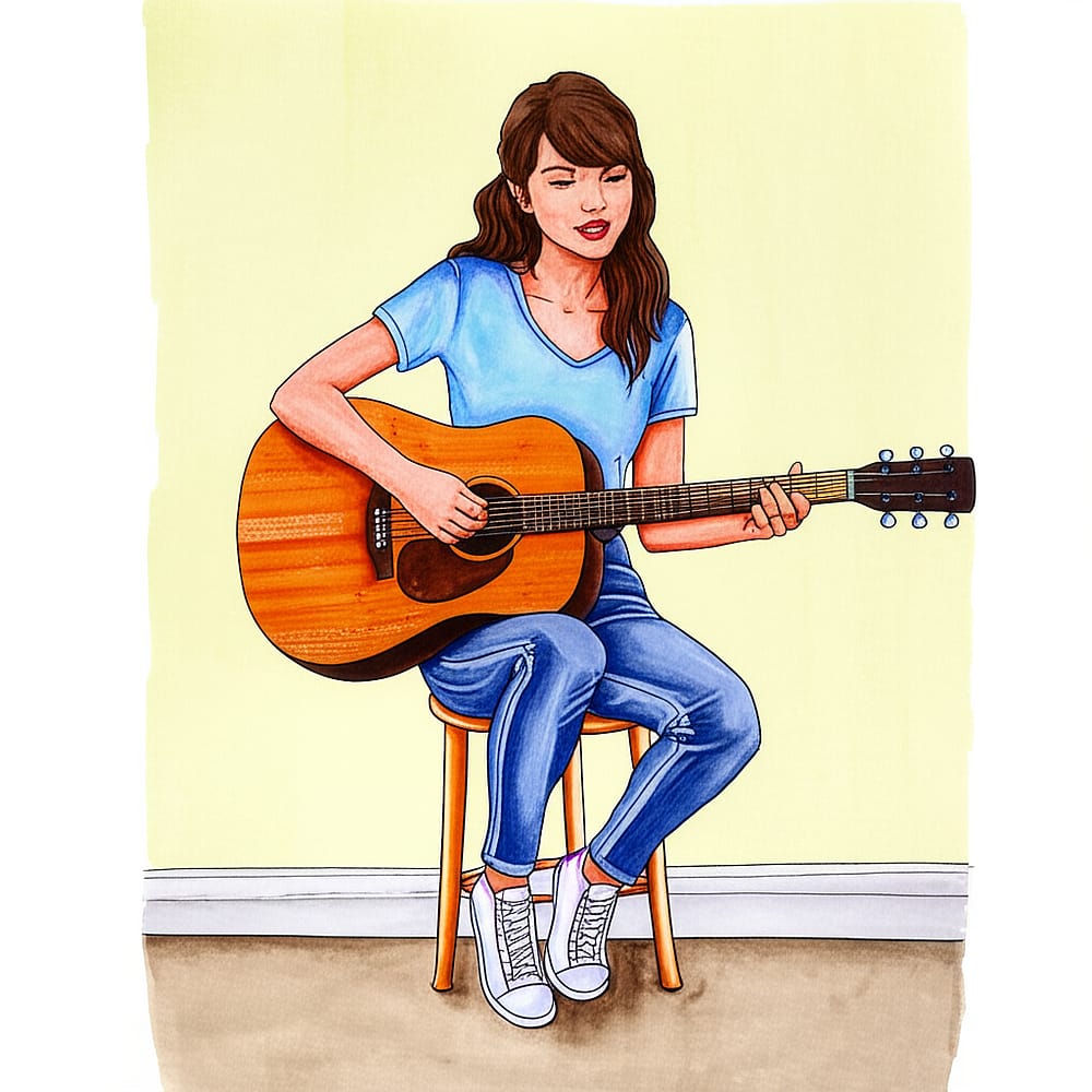 Girl Lost in Music Guitar Coloring Page colored version