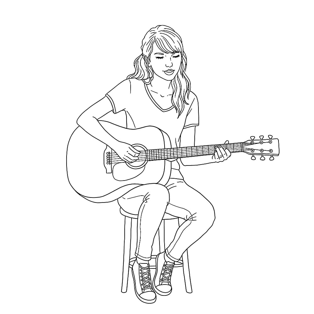 Girl Lost in Music Guitar Coloring Page coloring page