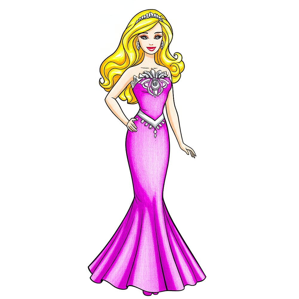 Glamorous Barbie Evening Gown Coloring Page colored version