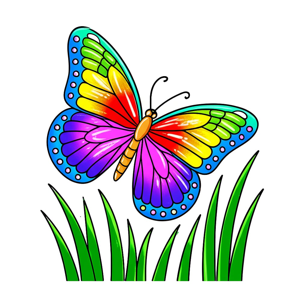 Graceful Butterfly Over Grass Coloring Page colored version