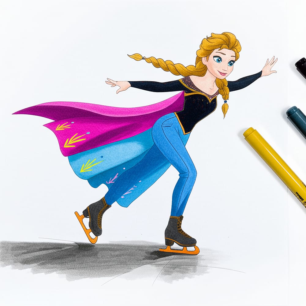 Graceful Elsa Ice Skating Adventure Coloring Page colored version