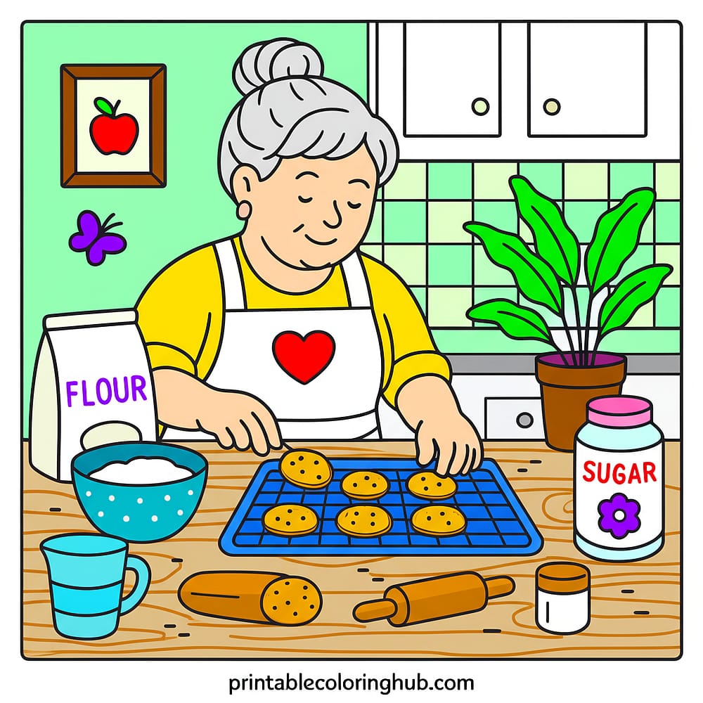 Grandma Baking Cookies Coloring Page colored version