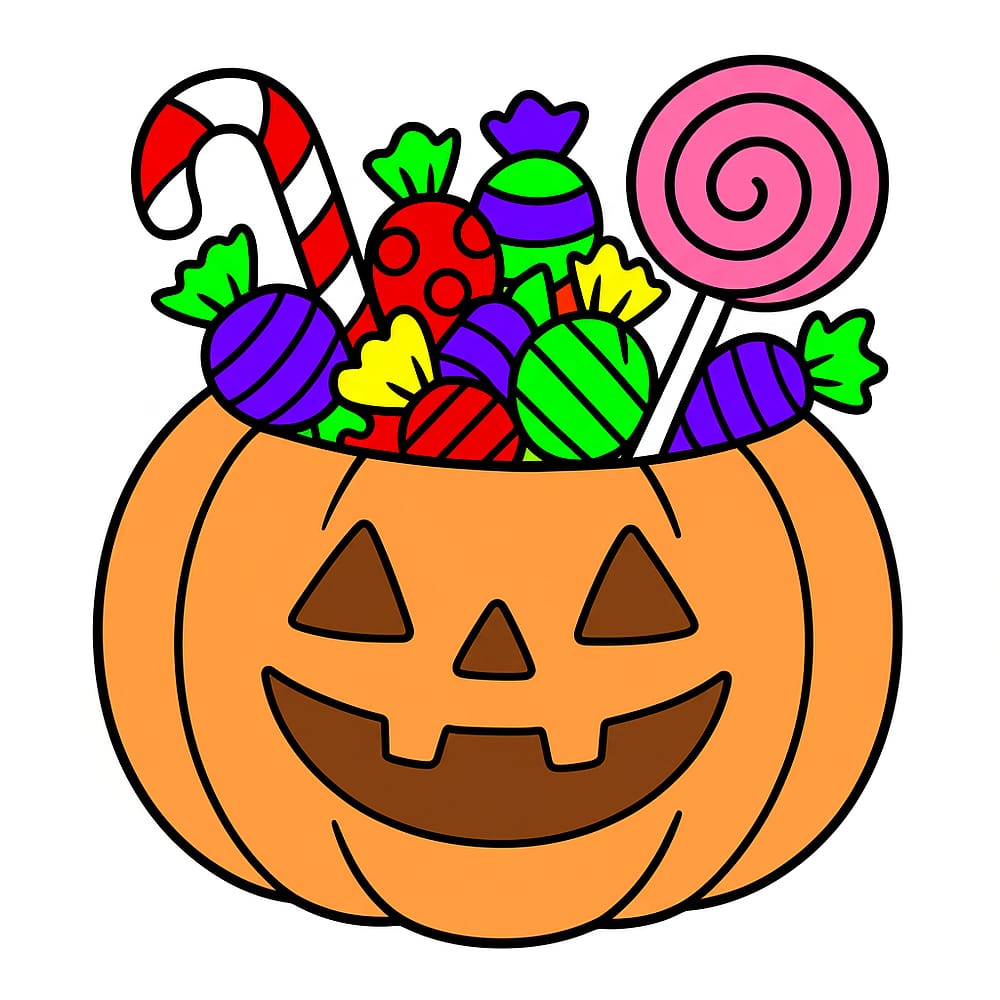 Halloween Pumpkin Candy Basket Coloring Page colored version