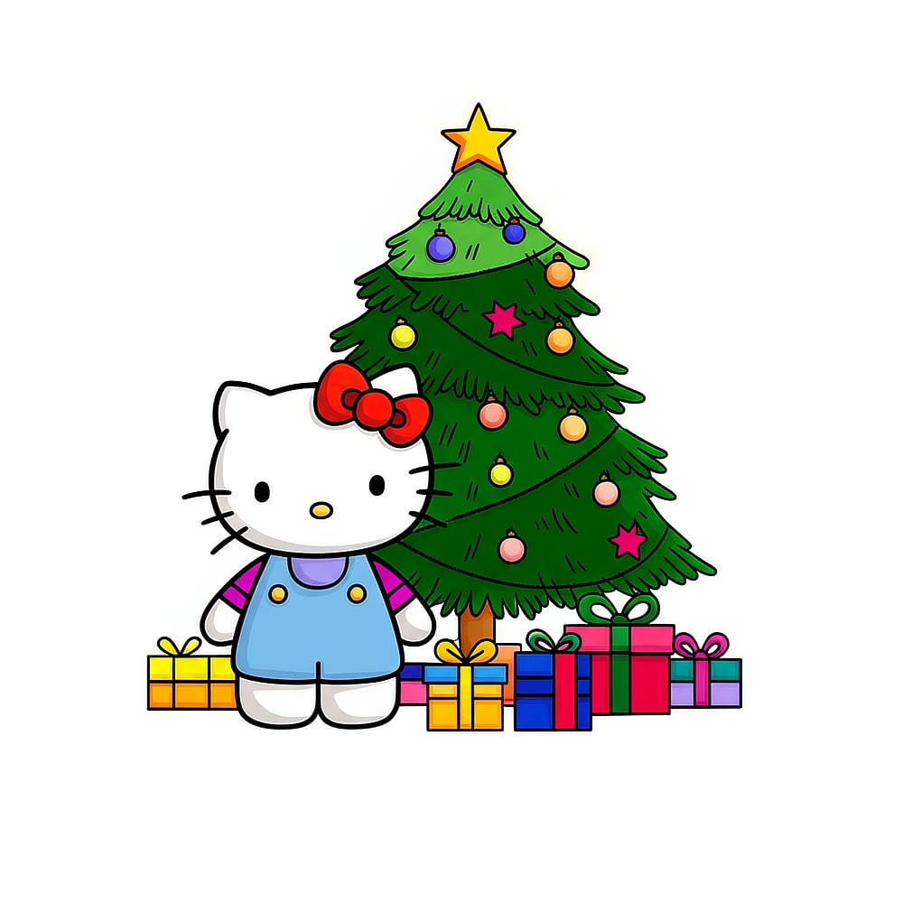 Hello Kitty Christmas Tree Coloring Page colored version