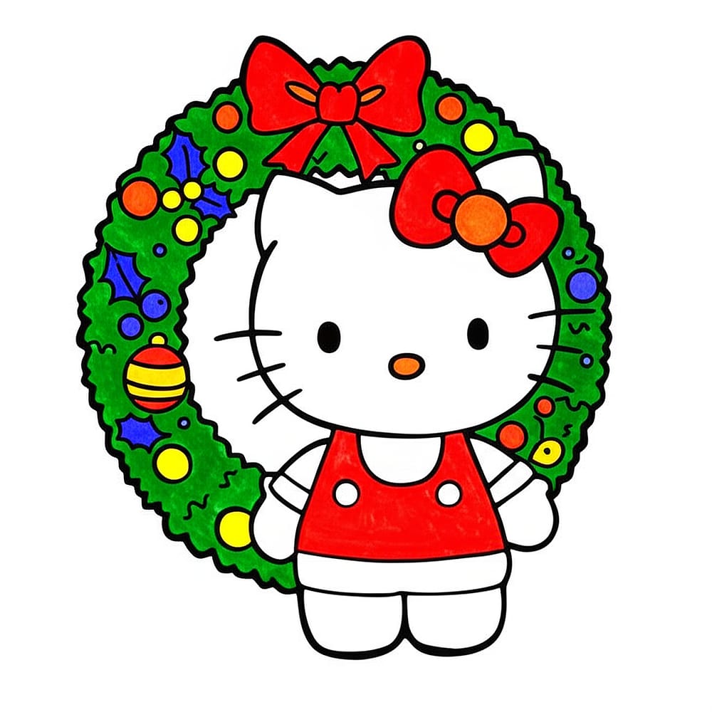 Hello Kitty Christmas Wreath Coloring Page colored version