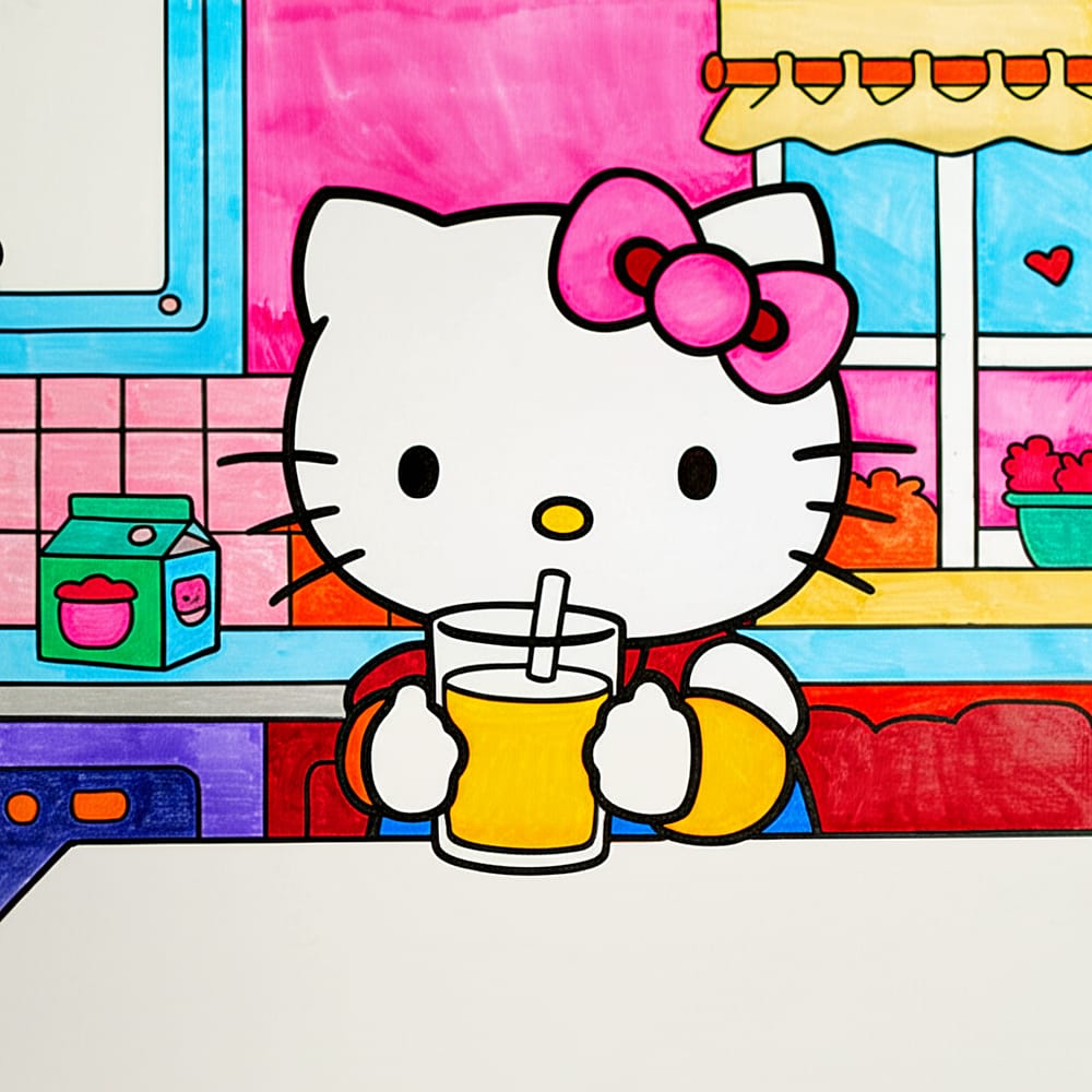 Hello Kitty Enjoying a Drink Coloring Page colored version