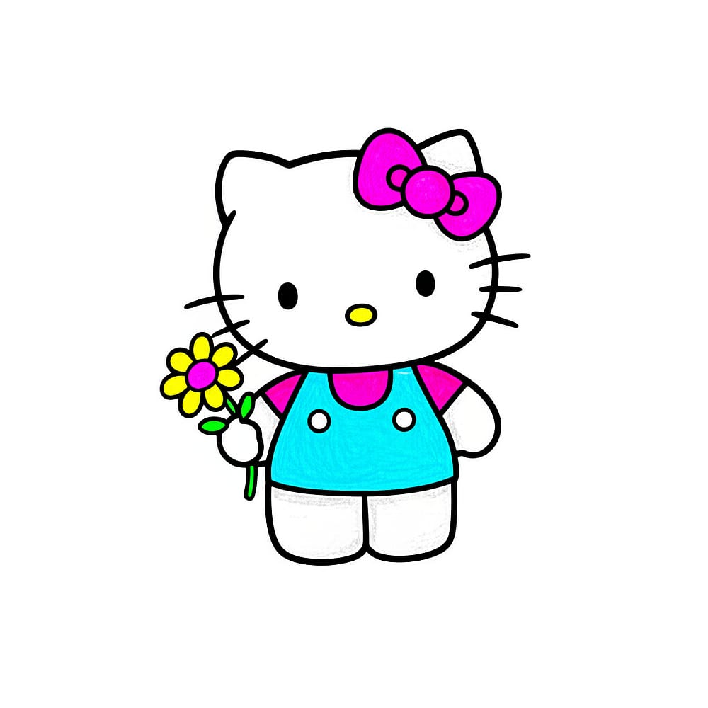 Adorable Hello Kitty with Flower Coloring Page colored version