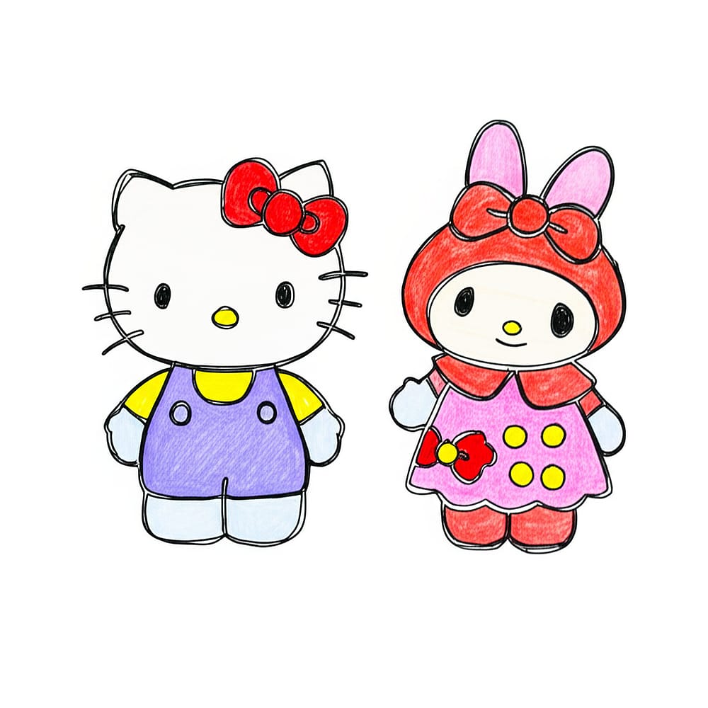 Hello Kitty and My Melody Best Friends Coloring Page colored version