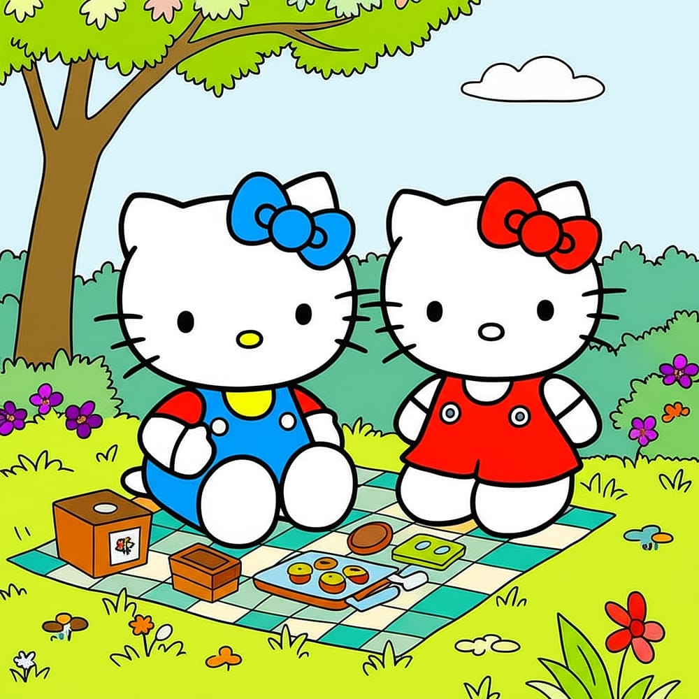 Hello Kitty Picnic Adventure Coloring Page colored version