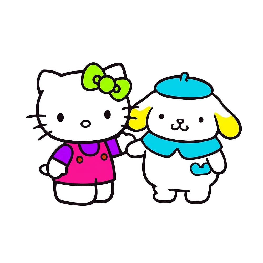 Hello Kitty and Pompompurin Friends Coloring Page colored version