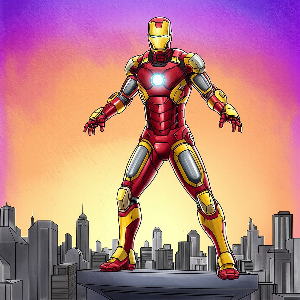 Heroic Iron Man Over City Coloring Page colored version