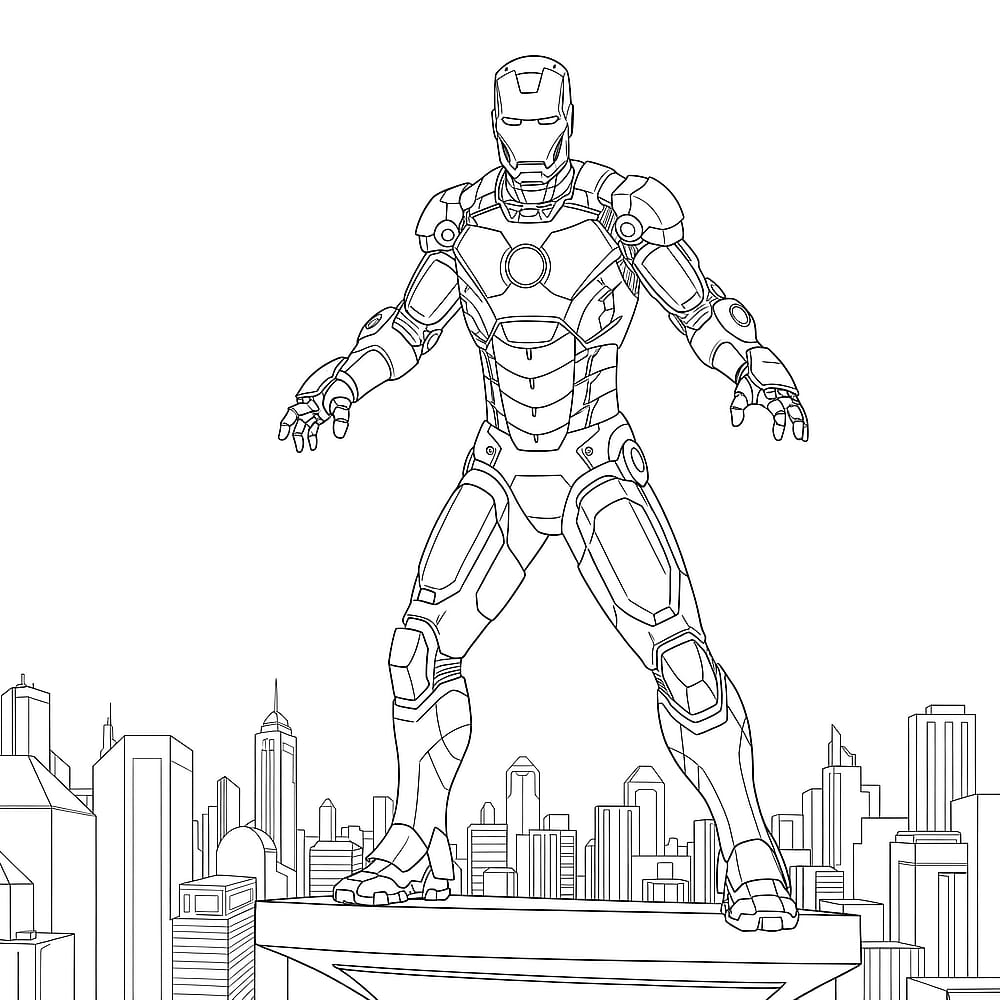Heroic Iron Man Over City Coloring Page coloring page