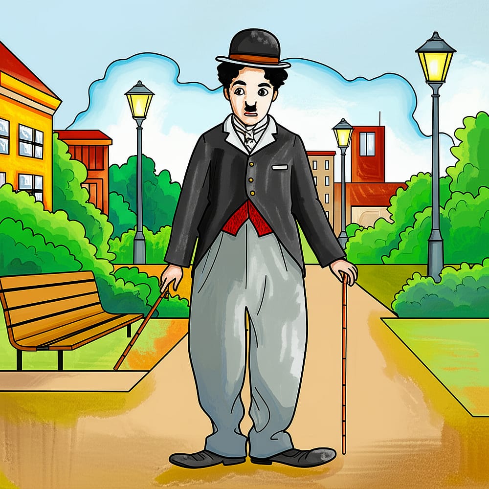 Iconic Charlie Chaplin 'The Tramp' Coloring Page colored version