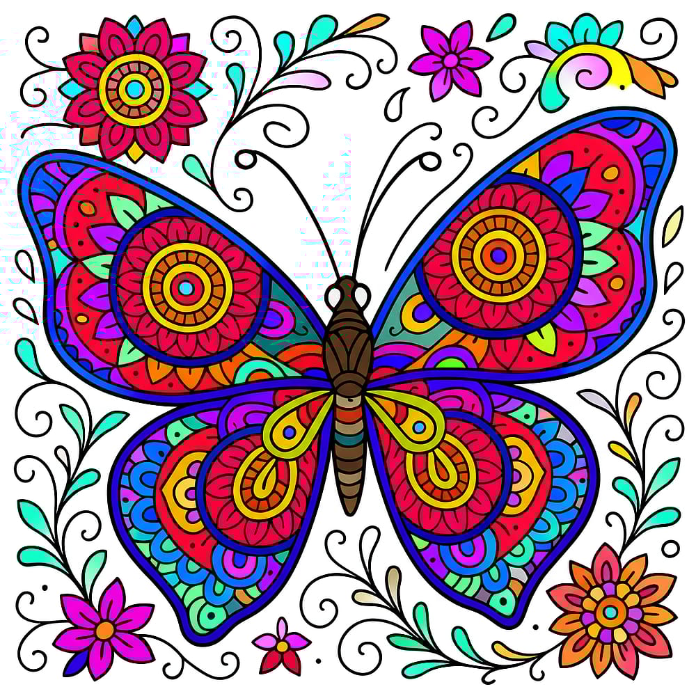 Intricate Butterfly & Floral Mandala Coloring Page colored version