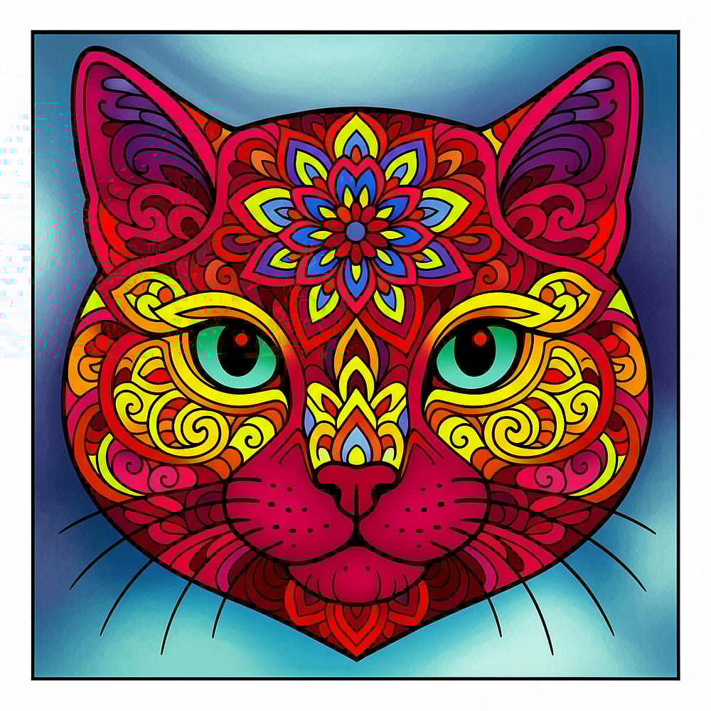 Intricate Cat Mandala Coloring Page colored version