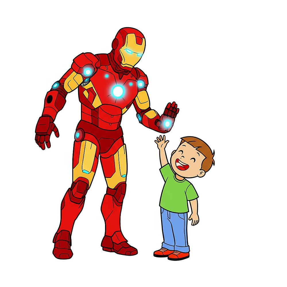Iron Man High Five with Kid Coloring Page colored version