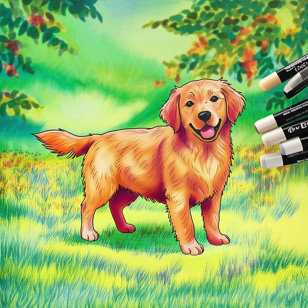 Joyful Golden Retriever Puppy Coloring Page colored version