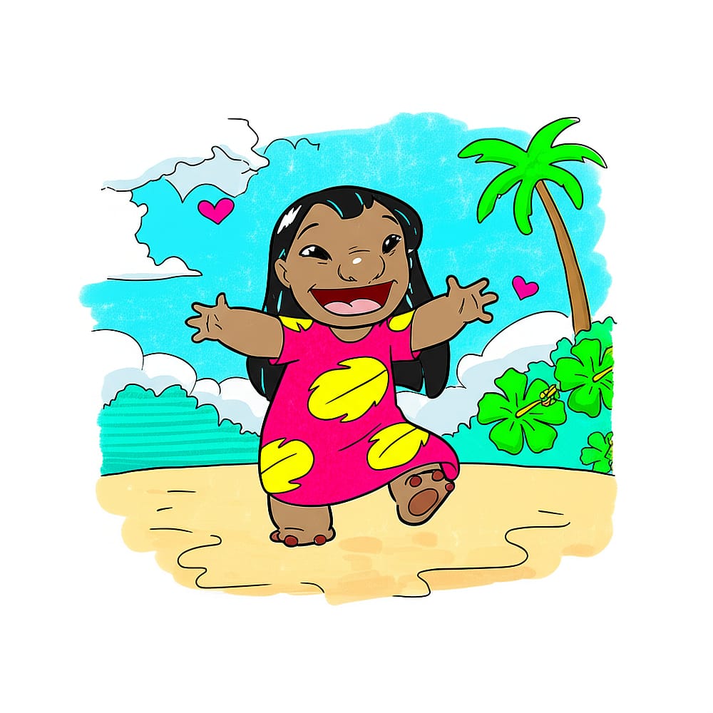 Joyful Lilo on a Hawaiian Beach Coloring Page colored version