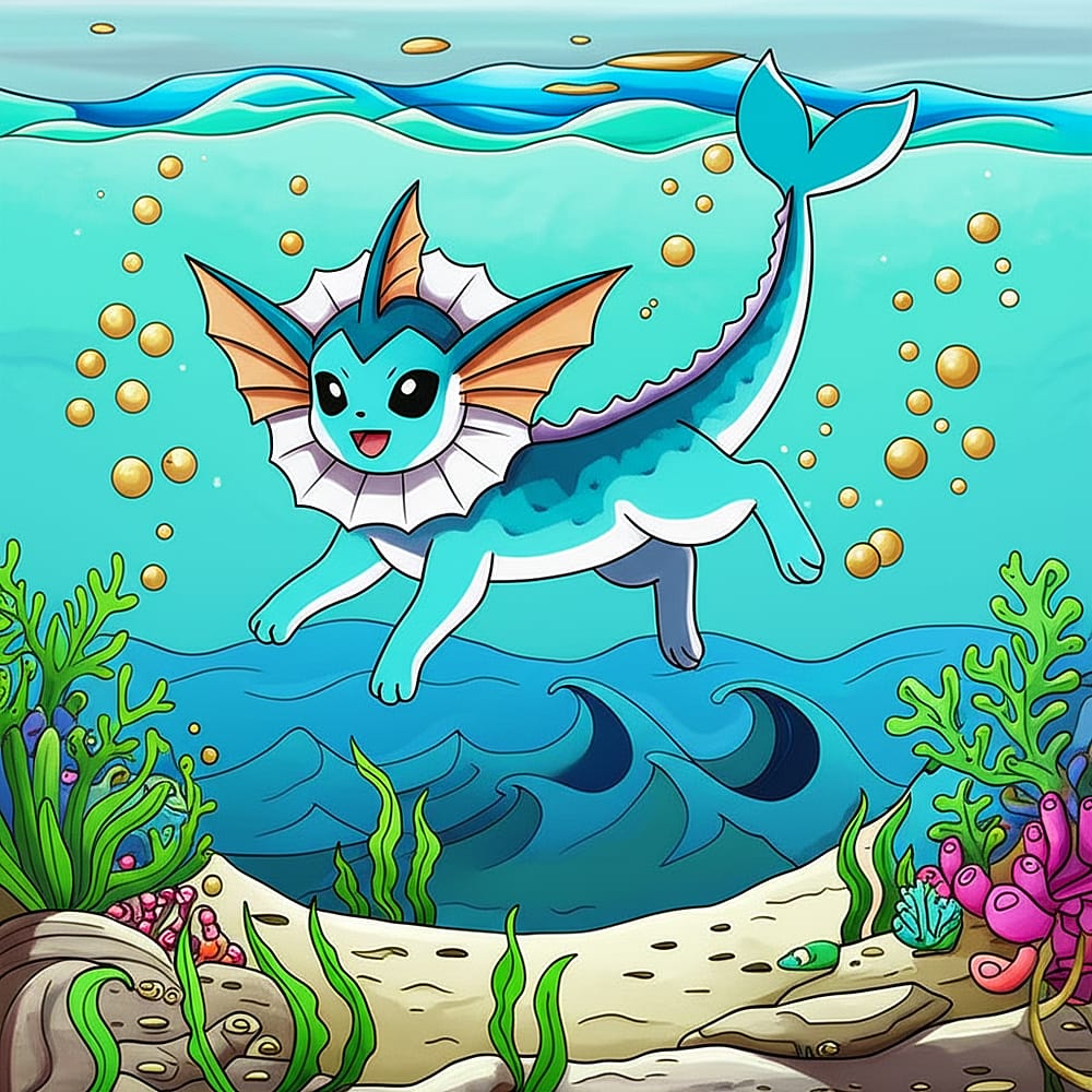 Joyful Vaporeon Swimming Coloring Page colored version