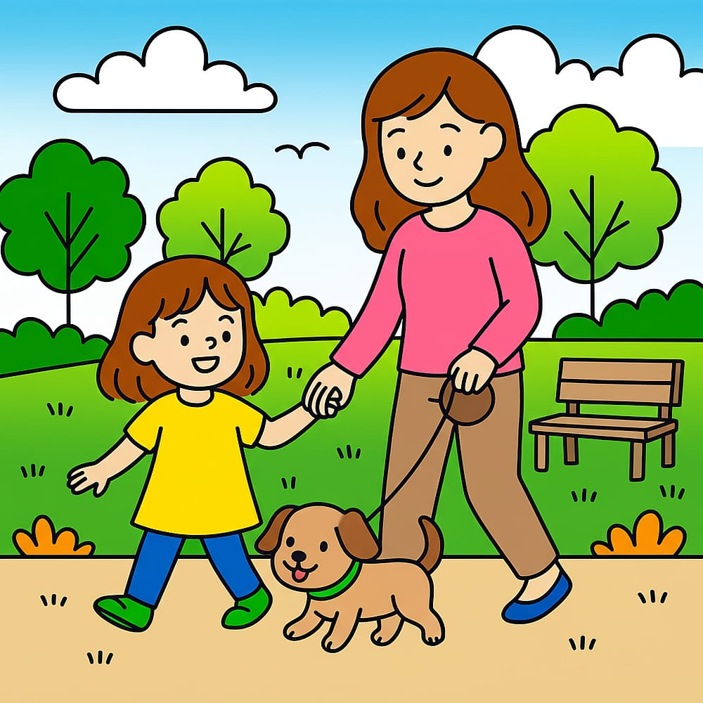 Joyful Family Park Walk Coloring Page colored version